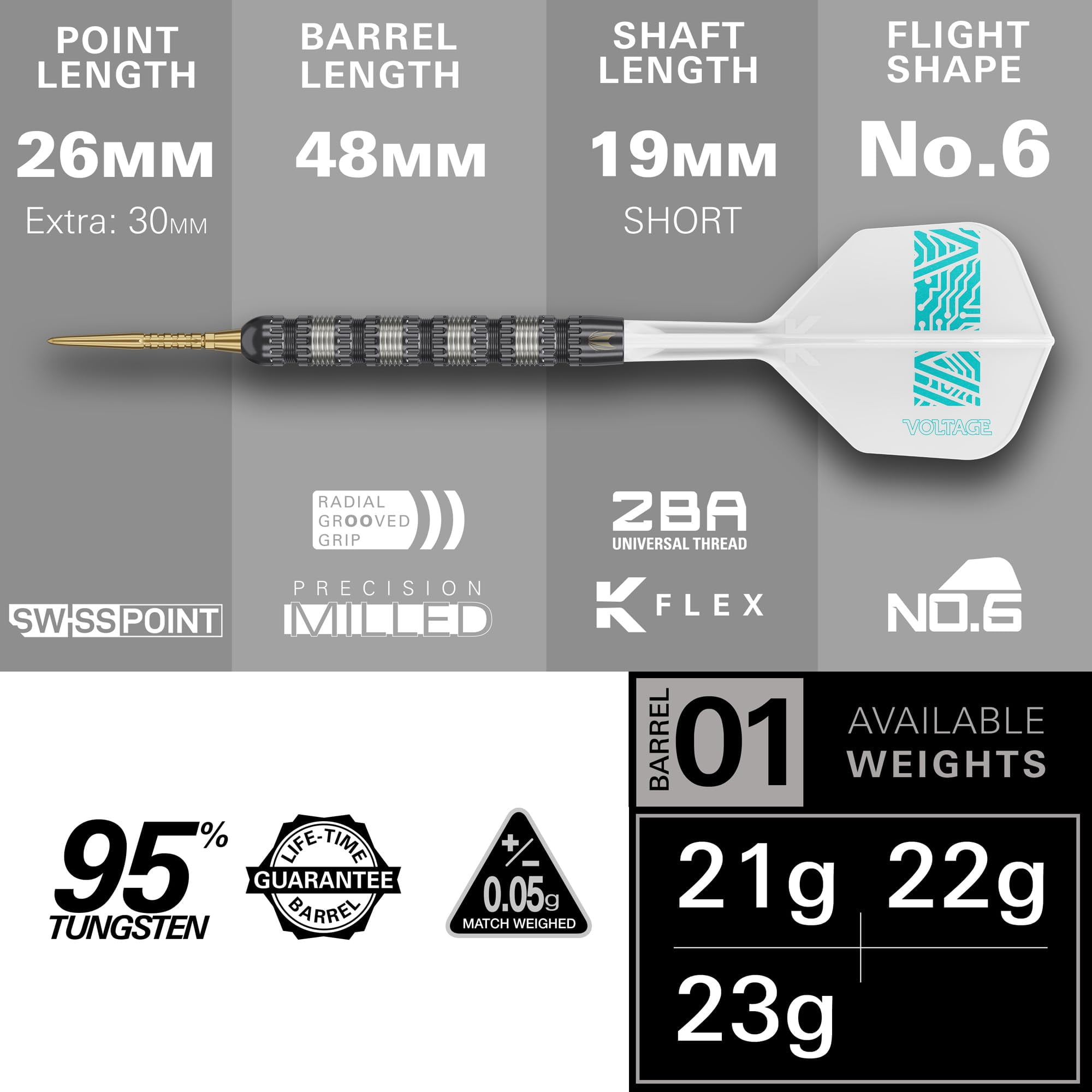 Target Darts Rob Cross 95K Steel Tip Swiss Point Darts, 95% Tungsten Darts with K-Flex Flights, 22G | Voltage Darts, Player Edition Swiss Points K Flex Dart Set, Swiss Point Tool Included