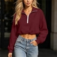 thumbnail image 2 of hoksml Women Half Zip Collar Drawstring Hem Cropped Sweatshirt Drop Shoulder Puff Long Sleeve Pullover for Street Casual Daily, 2 of 8