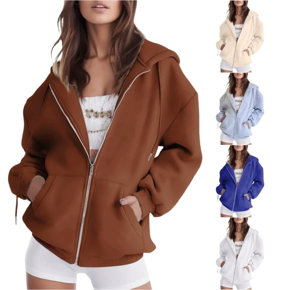 XIYON Womens Zip Up Hoodies Solid Color Long Sleeve Drawstring Casual Hooded Sweatshirts With Pocket For Fall Winter Comfort