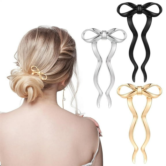 Tutuviw 2Pcs French Twist Hair Pins for Women,Vintage U Shaped Metal Hair Forks,Large Silver Black Chignon Pin for Thick Long Hair,Twist Bow Hair Forks for Buns,Medium Hair Accessories