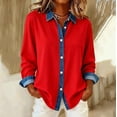 thumbnail image 2 of Camisas de retales de mezclilla for mujer, camisa con botones de solapa, blusa informal de negocios de manga larga con bloques de color sueltos, 2 of 5