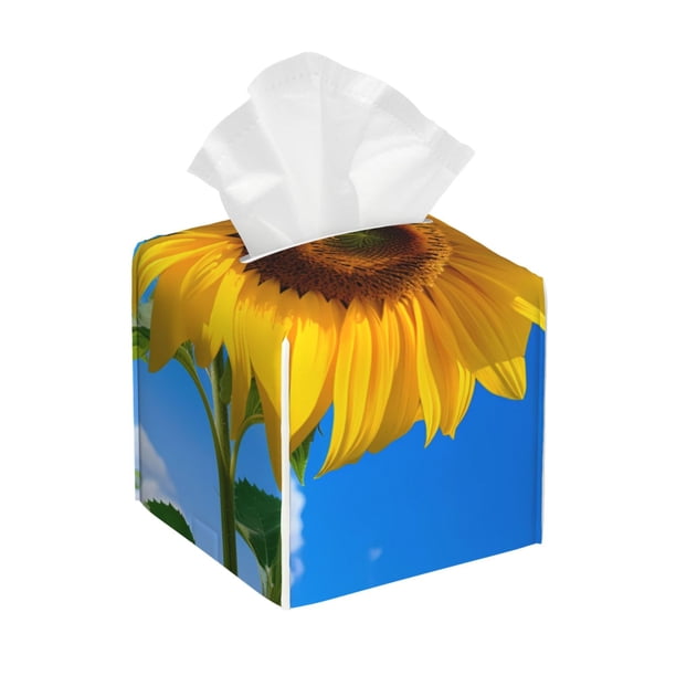 Fotbe Blue Sky Sunflower Porta Pañuelos Decorativo de Cuero, Caja Cuadrada Moderna para Pañuelos Faciales, Organizador y Dispensador 5x5x5''