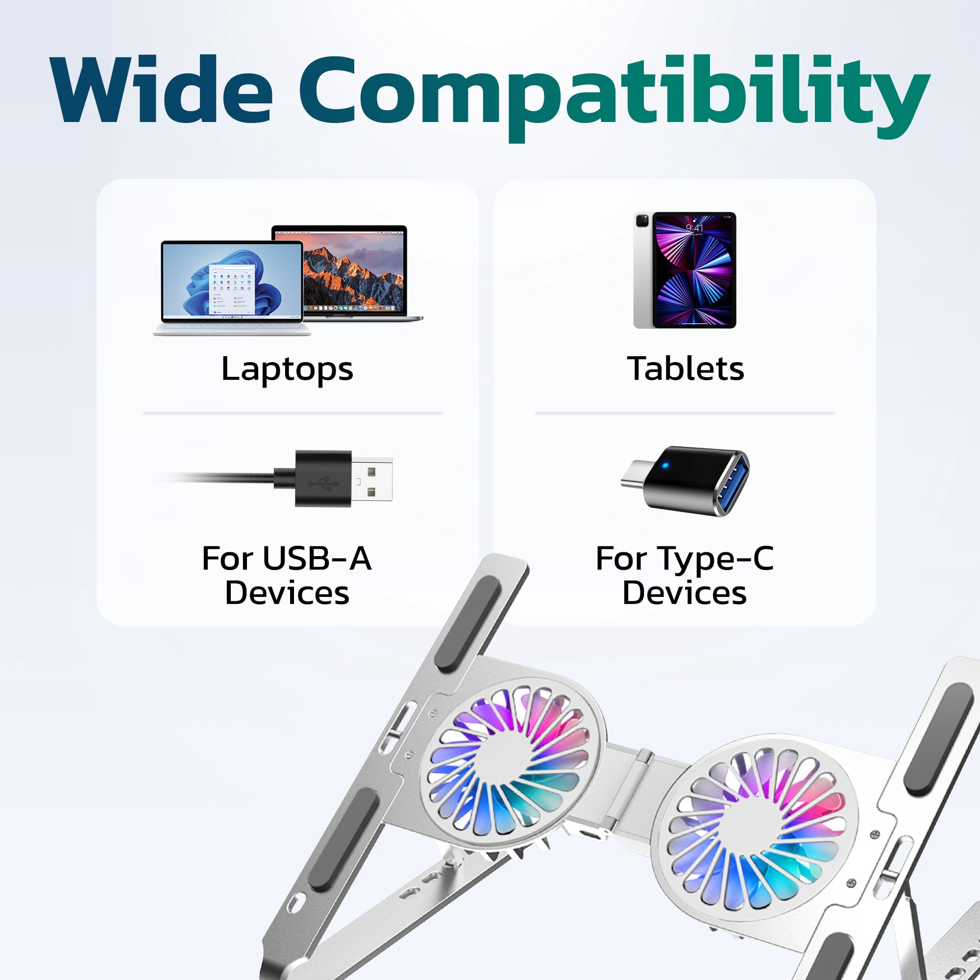 Purely F82 Foldable Laptop Cooling Stand for Desk with Cooling Fan,  Adjustable height - Silver