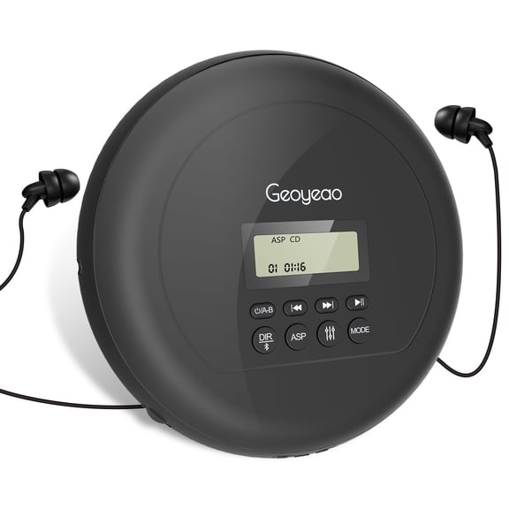 Geoyeao New Portable Black CD Player with Bluetooth, LCD Rechargeable CD Walkman for Adults and Kids Anti-Shock Protection, Support AUX/USB