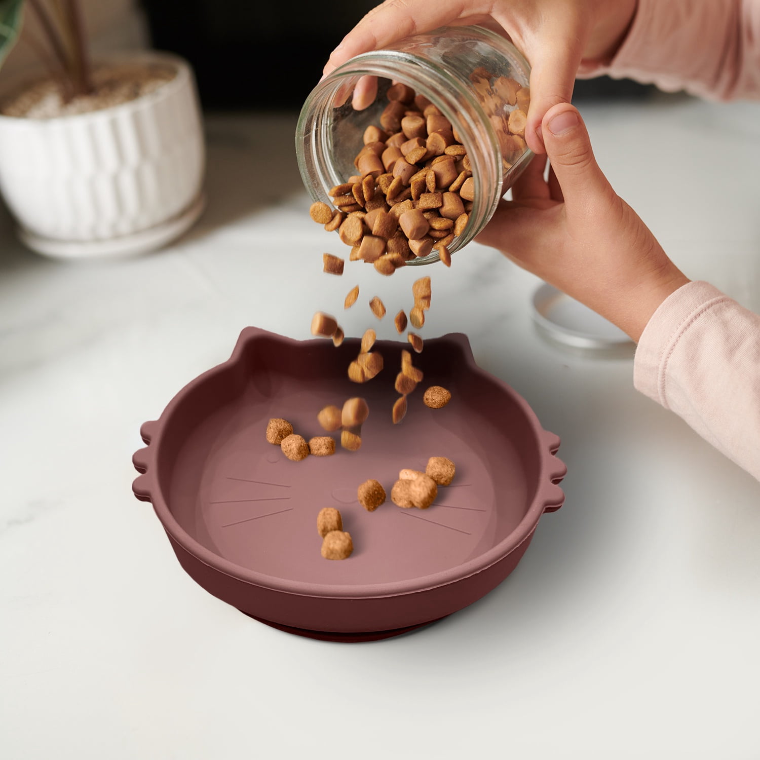 P.T. Supply Co. Brown Cat Shaped Silicone Pet Bowl with Non-Slip Suction Base