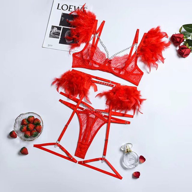 High-End sense Complex Craft Metal Chain Lace Feather Lace Eyelash Underwear
