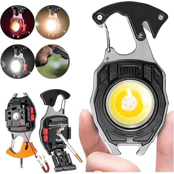 Multifunction Keychain Light, LED Cob Small Flashlight, Work Light with Screwdriver & Bottle Opener for Outdoor Hiking Fishing, Lighter (Black)