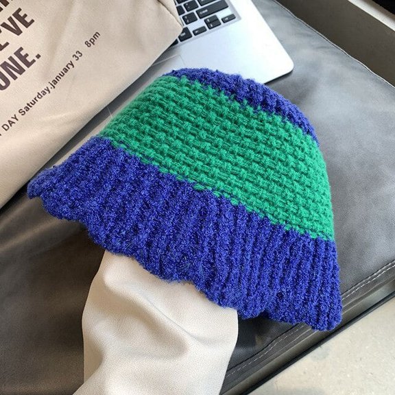 CoCopeaunts Autumn Winter Patchwork Color Knitted Bucket Hat Womens Warm Woolen Basin Cap Outdoor Crochet Knitted Fisherman Hats Ladies Bob