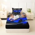 thumbnail image 4 of Castle Fairy Retro Racing Car Twin Sheet Sets 3pcs for Boys, Checkered Flag Design Bedding for Bedroom, Blue Black, 4 of 6