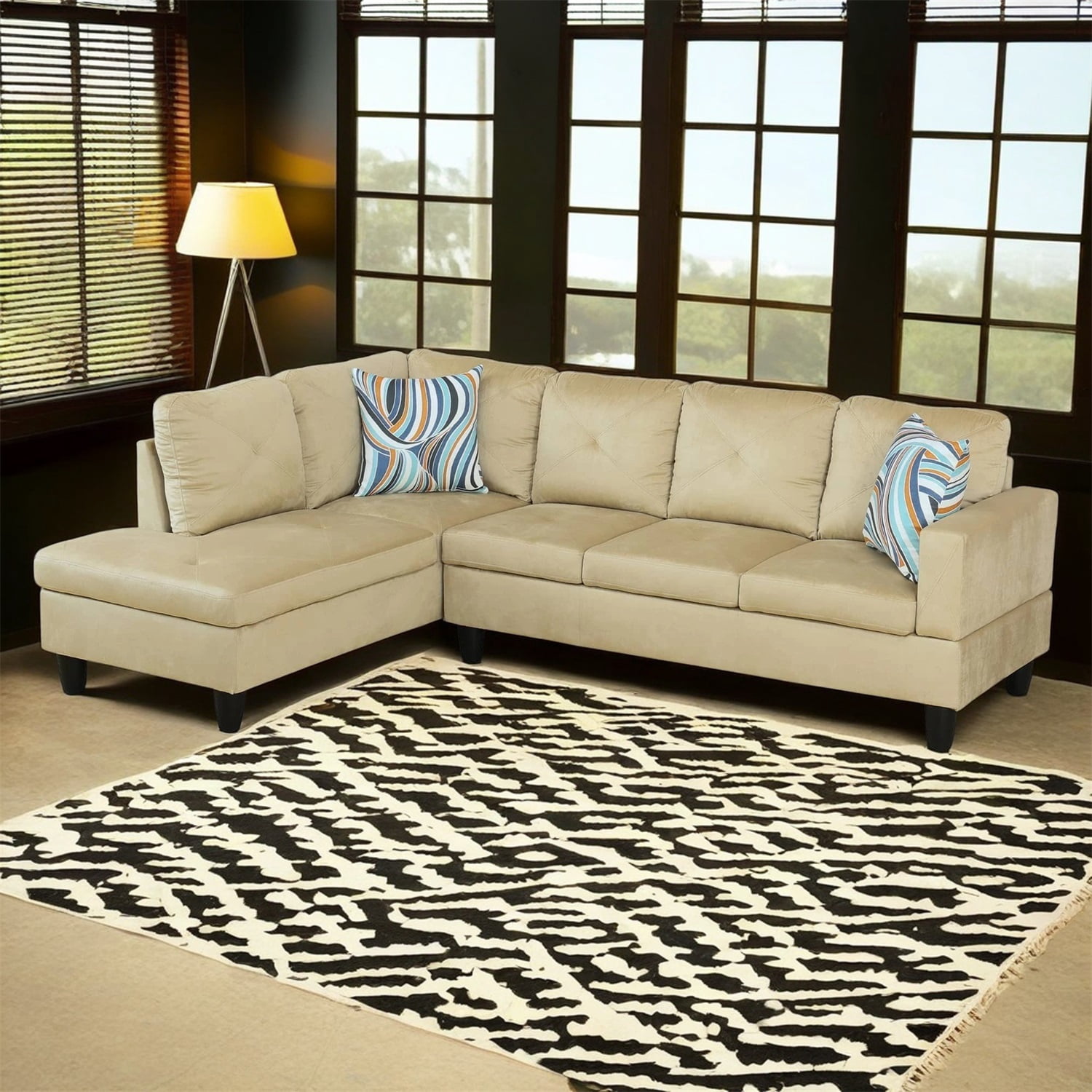 Hommoo Modern Microfiber 2-Piece Living Room Sofa Set Sectional Couches and Sofas, L-Shaped Sectional Couch Sofa, Beige(No Ottoman)