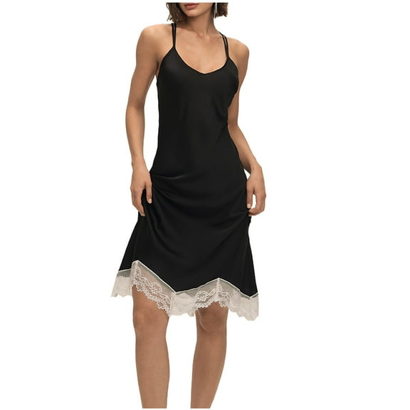 Gytharion Silk Nightgowns for Women Elegant Lace Crew Neck Spaghetti Strap Short Sleepdress Soft Comfy Sleeveless Cami Nightdress Lightweight Casual Satin Pajamas Dress Loungewear Sleepwear