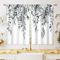 Eucalyptus Botanical Leaves Grey Floral Kitchen Window Curtains Over Sink Farmhouse Flower Leaf Small Window Treatment Cafe Short Curtains for Bathroom Treatment Tier Drapes 26x24 inch