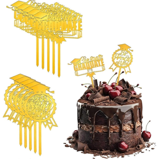 10 adornos acrílicos para tarta de graduación, dorados, grandes, para felicitaciones.