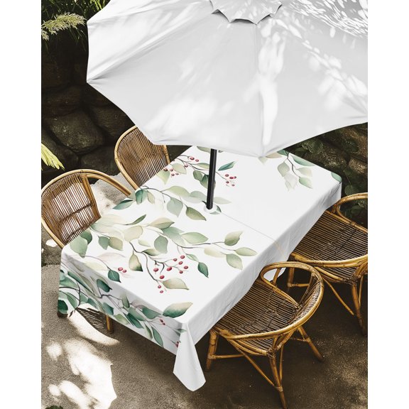 Outdoor Tablecloth with Umbrella Hole, Watercolor Eucalyptus Leaves Berries Zippered Table Cloth for Rectangle Tables, Green Plant Washable Waterproof Tablecloths for Picnic Patio Garden