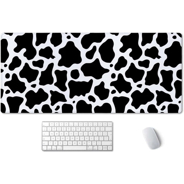 White Black Cow Pattern Desk Pad 35.5 x 15.7 Inch Personalized Desk Mat with Cute Cow Print, Large NonSlip Rubber Base Mousepad with Stitched Edges for Extended Gaming
