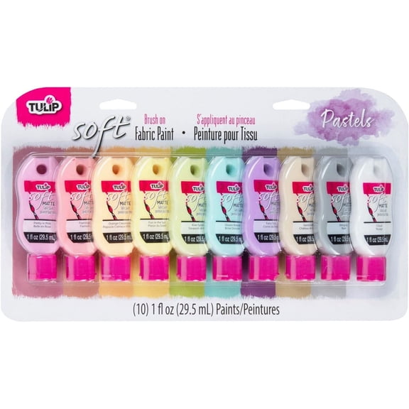Tulip Soft Fabric Paint, Permanent Fabric Paint for Clothes, Pastel Colors, 10 Pack of 1 fl oz bottles, Matte Finish Stays Flexible after Washing