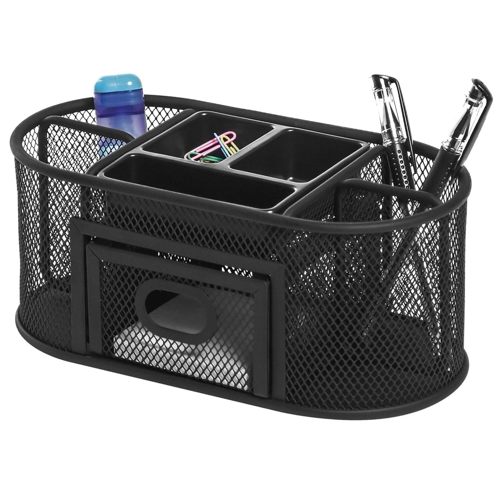 Mesh Desktop Organizer - Steel Office Supplies Holder with Drawer, Pen Compartments, Paperclip Storage - Black Stationary Caddy for Desk Accessories