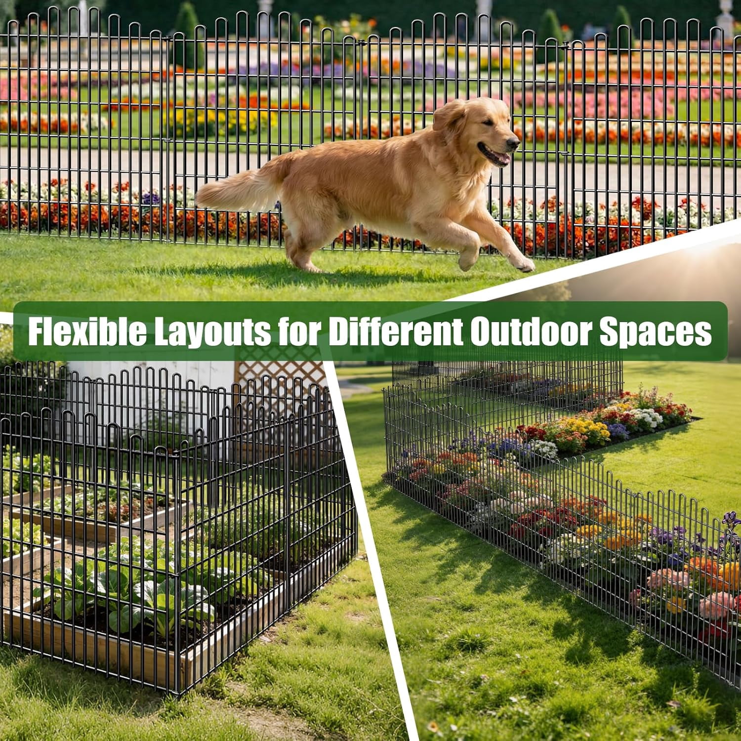 No Dig Decorative Garden Fence Panels, 5 Pack 33in H x 11.8ft L Metal Animal Barrier Dog Fence with 41in Stakes, 12in In-Ground Depth, Rustproof Picket-Style for Yard