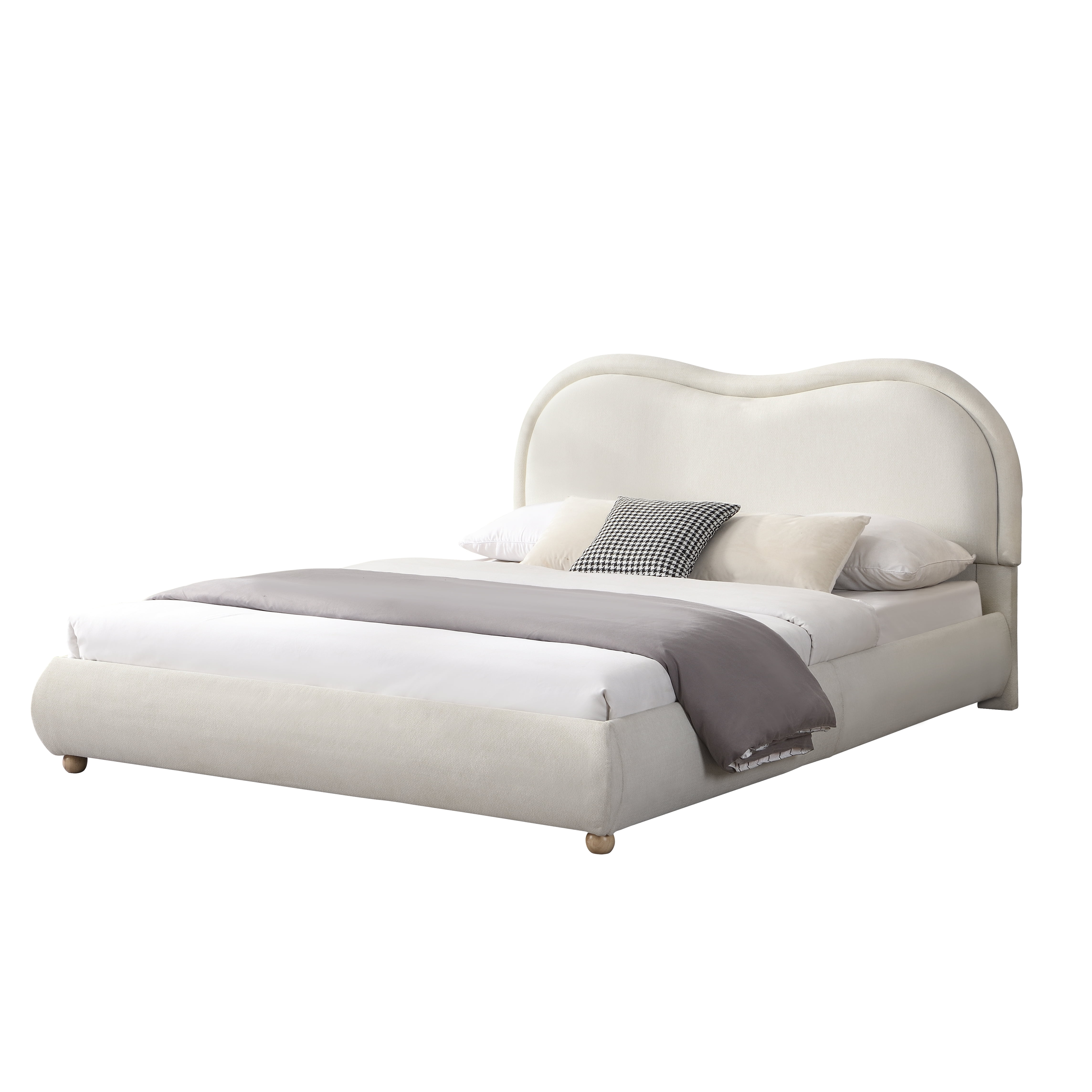 Queen Size Upholstered Platform Bed Frame with Rounded Corners Curved Headboard, Wooden Slats, Oak Solid Wood Legs, Chenille Fabric, No Box Spring Needed, Easy Assembly, Beige