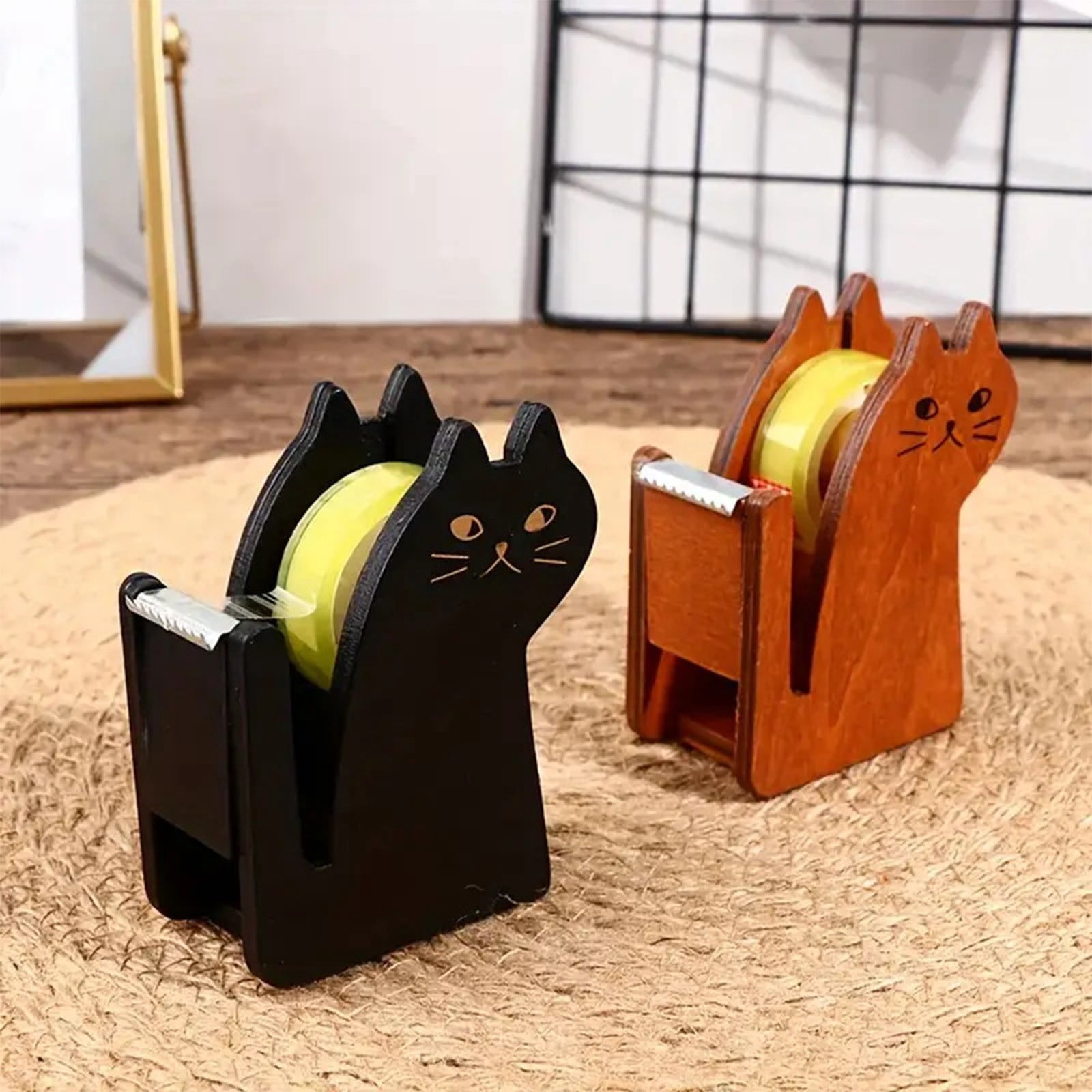 Sentmoon Cute Cat Shaped Wooden Tape Dispenser and Storage Rack Desk Organizer with Cutter for Office School Home Study Table Accessory for Girls Boys