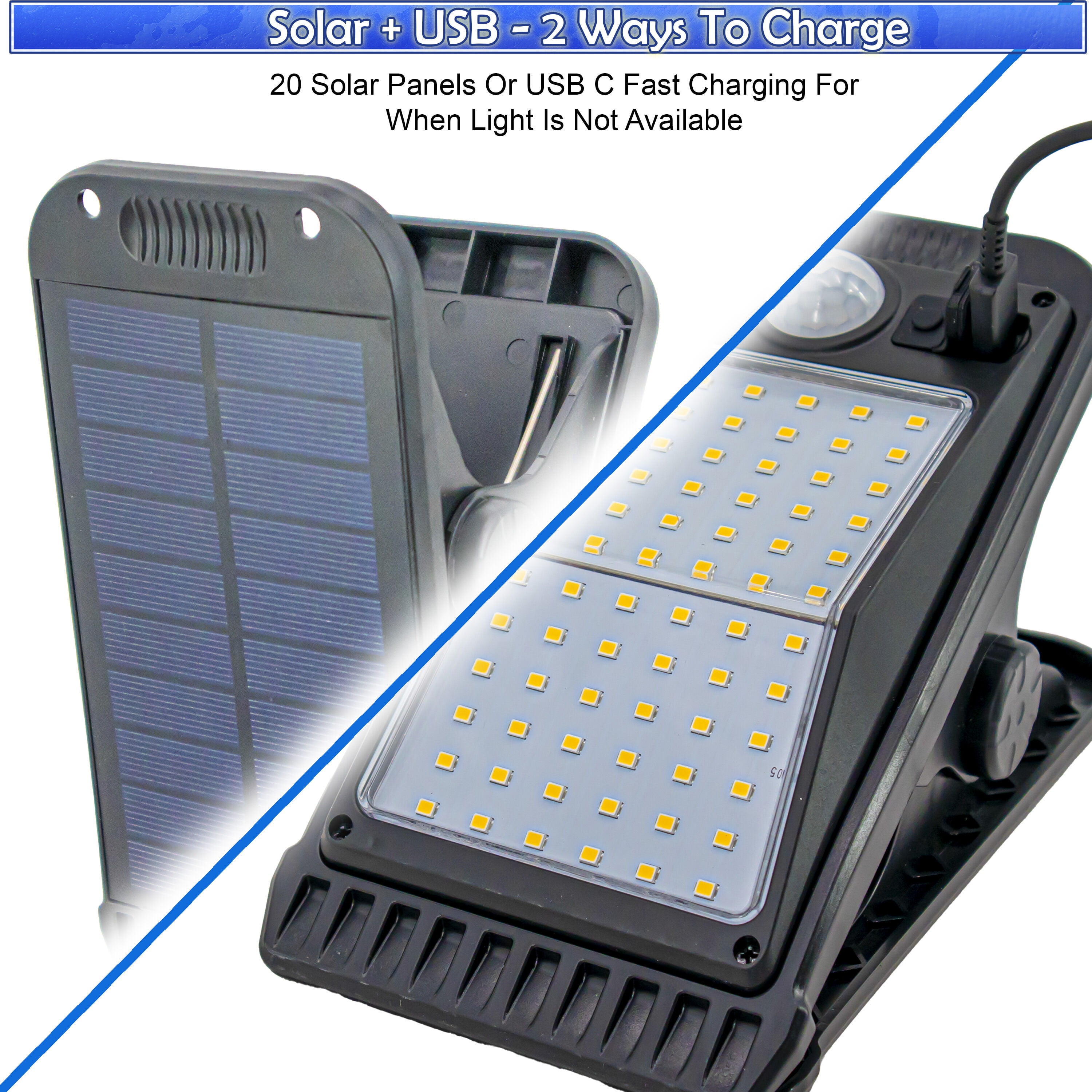 Solar Powered Clip On Outdoor 72 LED Lights Super Bright Motion Sensor Flood Light, 4 Modes, 3 Mounting Ways, 270-Degree Coverage, Weatherproof + USB Rechargeable