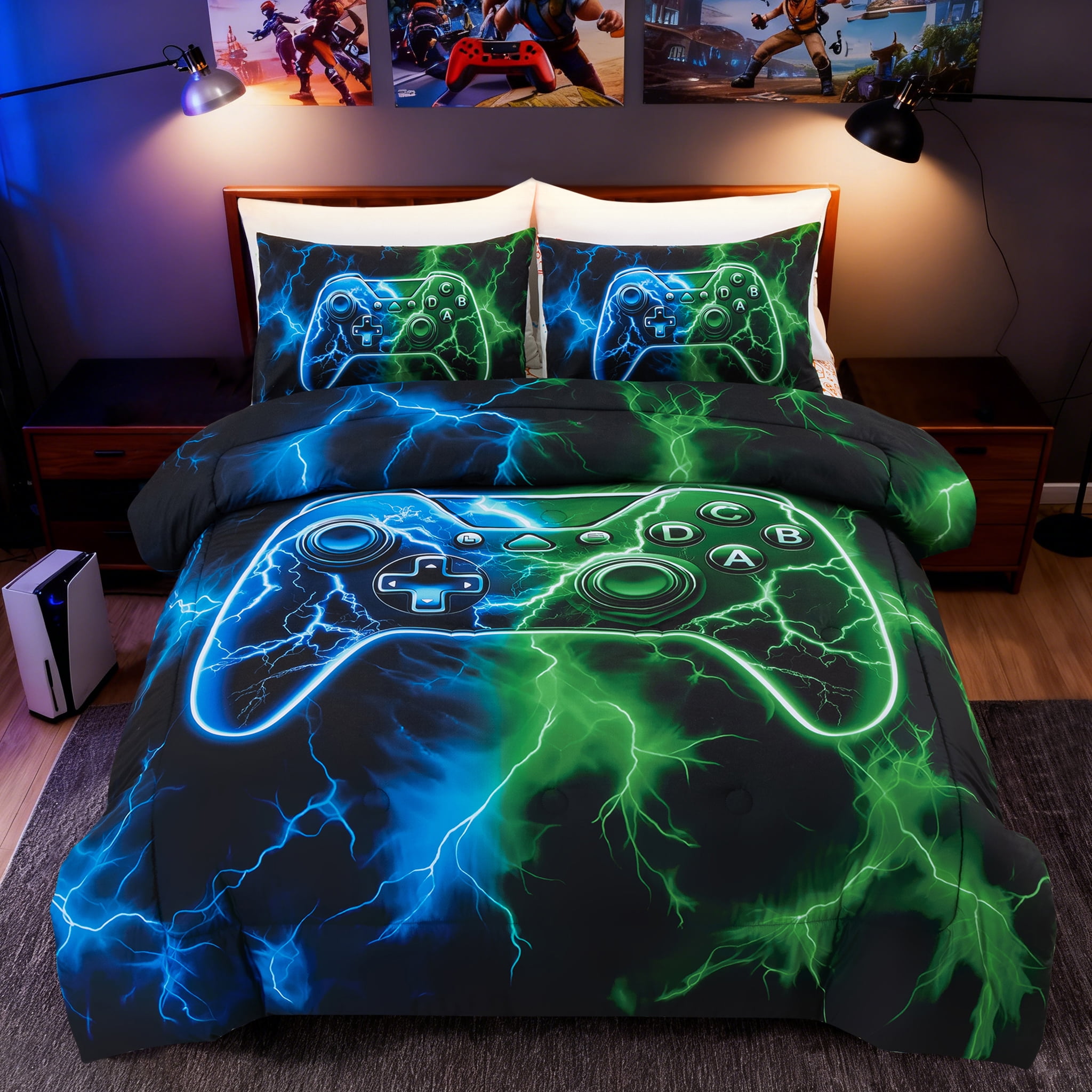 Btargot 3PCS Lighting Game Blue Green Comforter Set Twin Glowing Gamepad Kids Bedding Sets for Boys