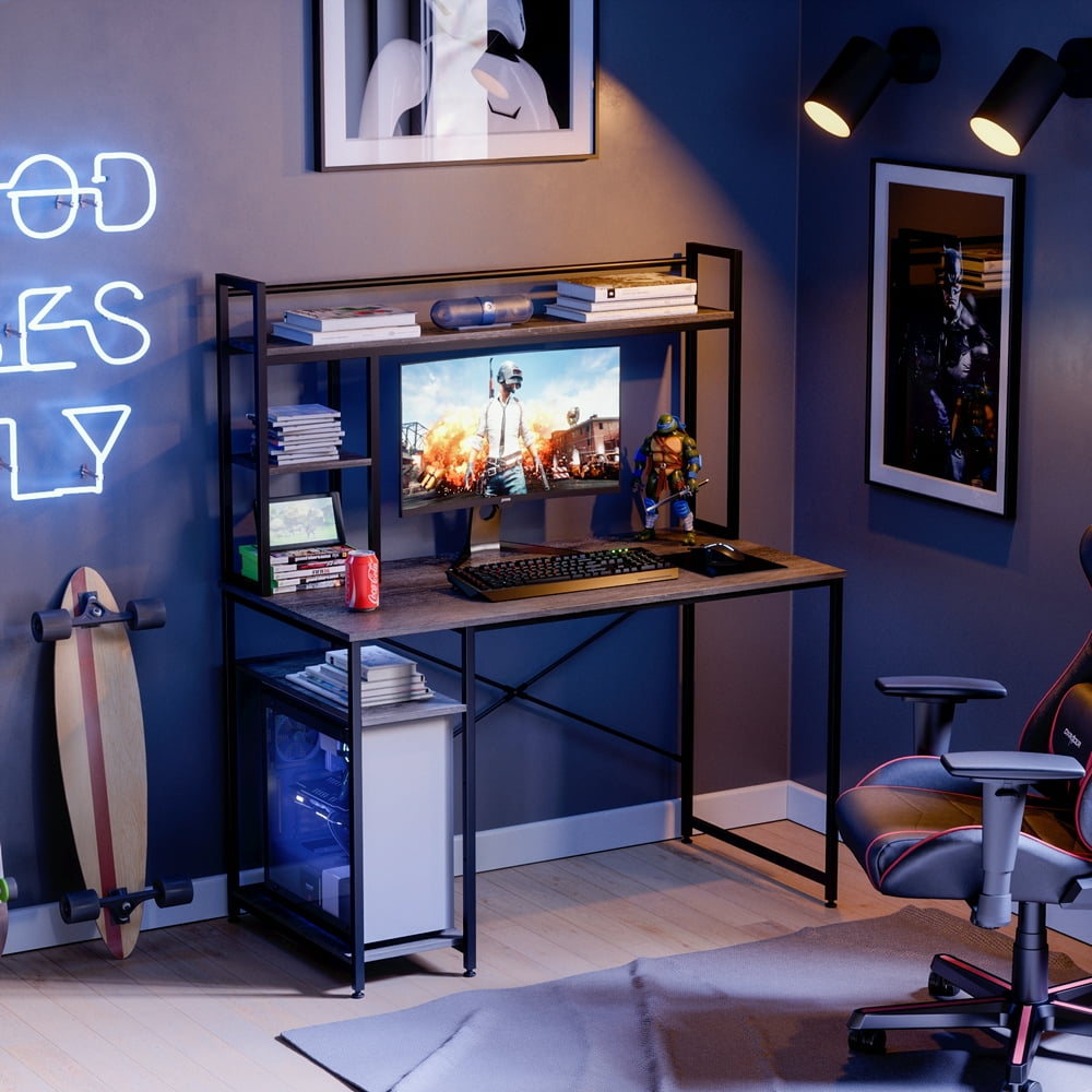 Bestier 47.2 inch Gaming Desk with Shelf Home Office Computer Table Easy Assemble in Gray