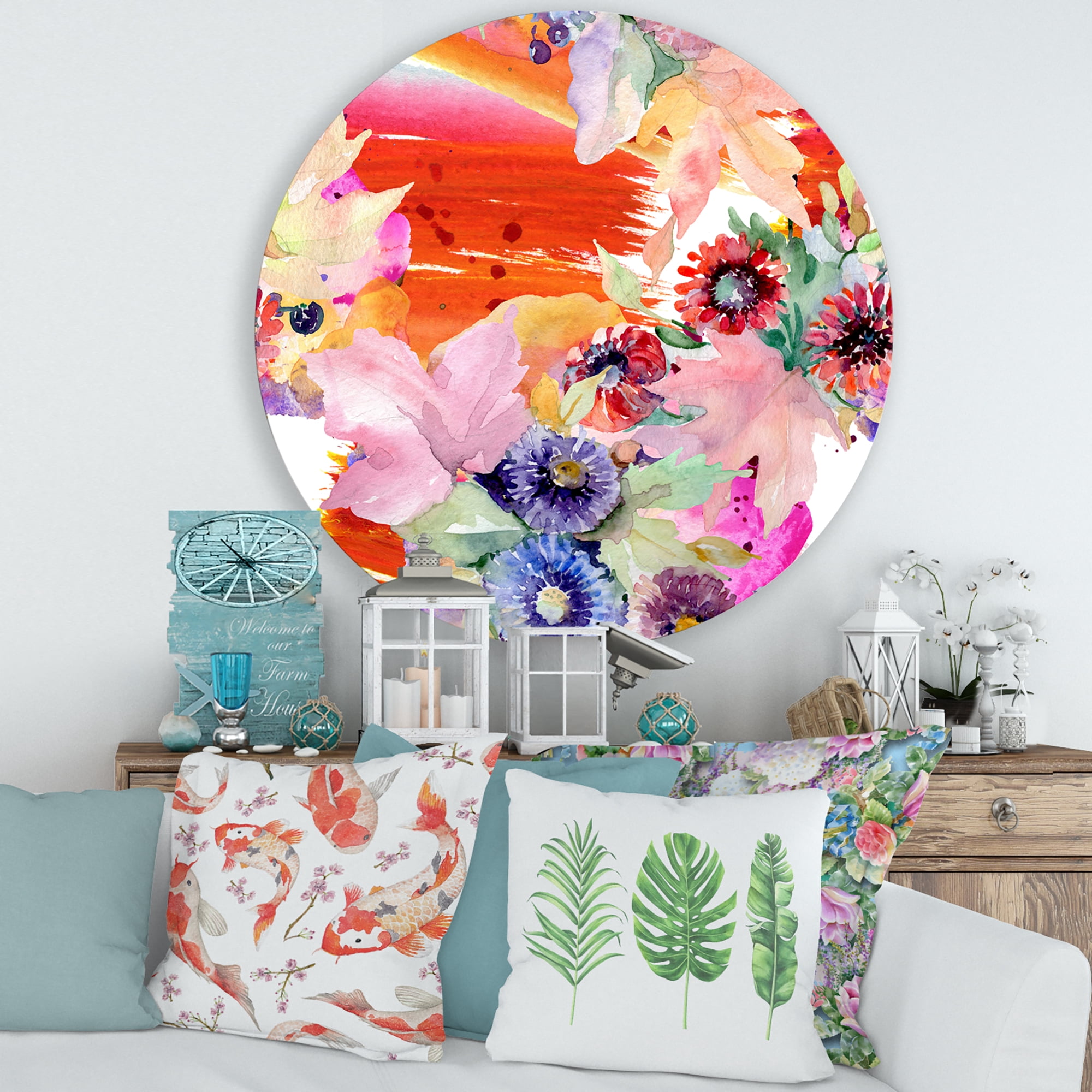 Designart 'Wildflowers and Vibrant Wild Spring Leaves VII' Modern Circle Metal Wall Art 29x29 - Disc of 29