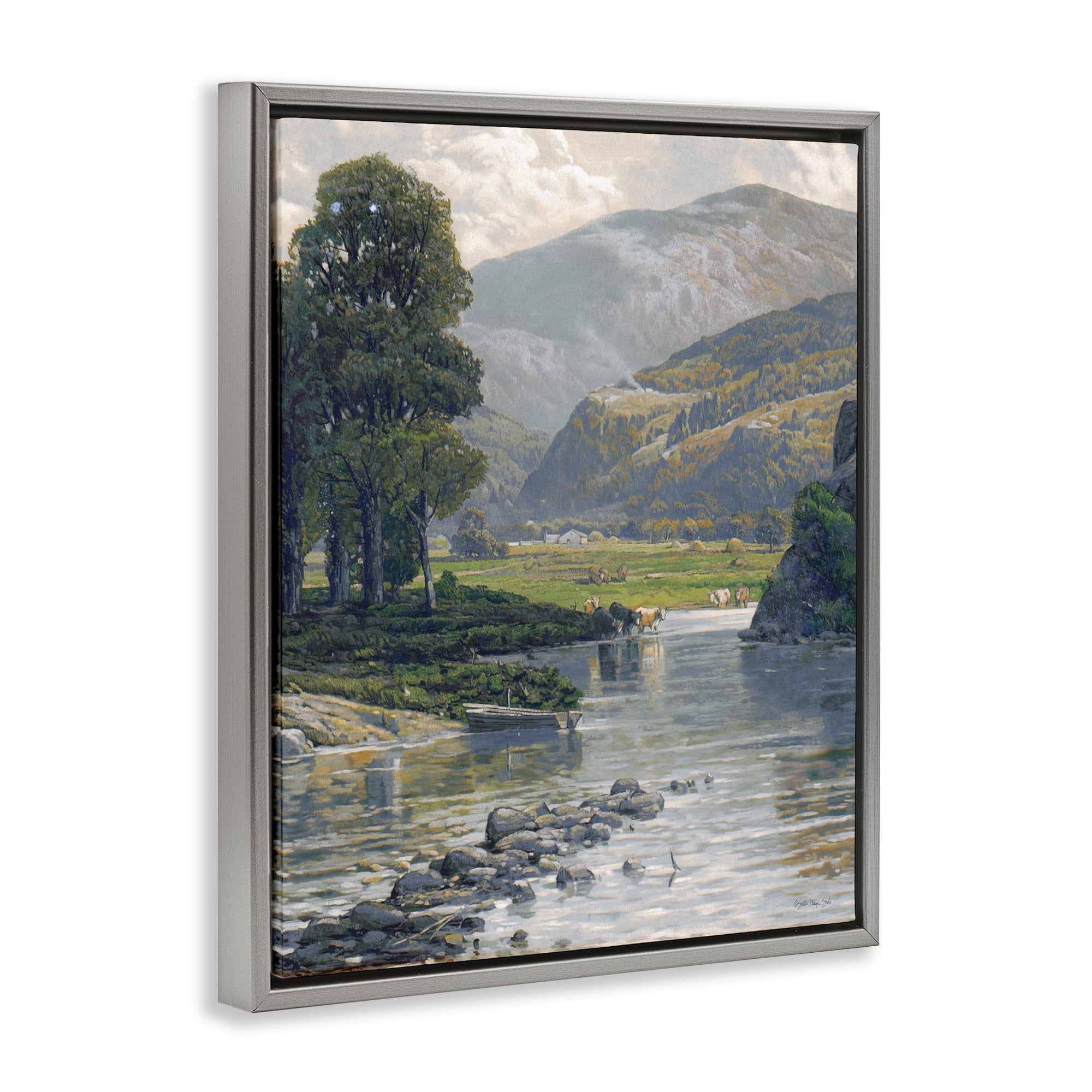 Stupell Industries Pebbled Creek Terrain Landscape & Nature Painting Gray Floater Framed Canvas Art Print Wall Art, 25 x 31