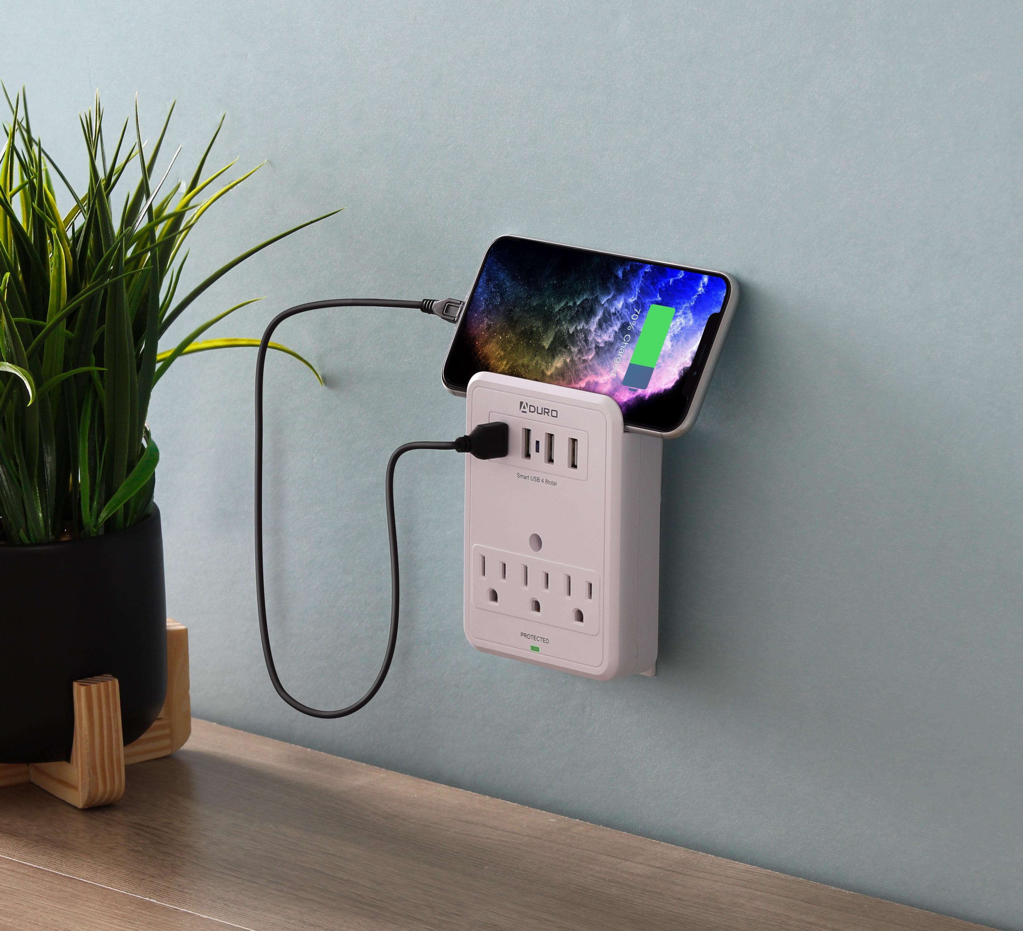 Aduro Surge Protector 3 Outlets Power Strip Station with USB (4 Ports 4.8A) Wall Mount Multiple Outlet Splitter Extender Adapter with Phone Shelf Stand White