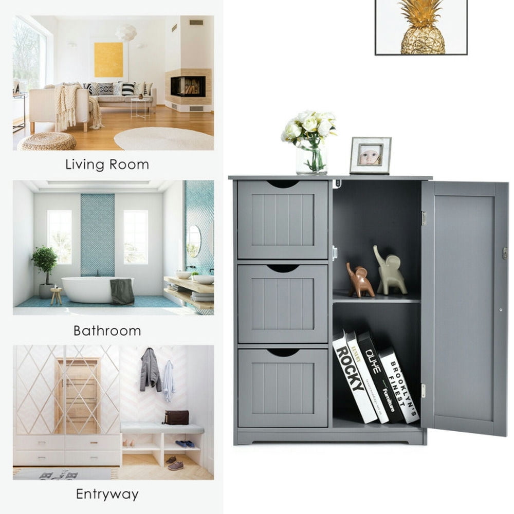 Finihen Storage Cabinet, Floor Cabinet, Bathroom Floor Cabinet Side Storage Cabinet with 3 Drawers and 1 Cupboard, for Bathroom, Living Room, Bedroom, Kitchen, Gray