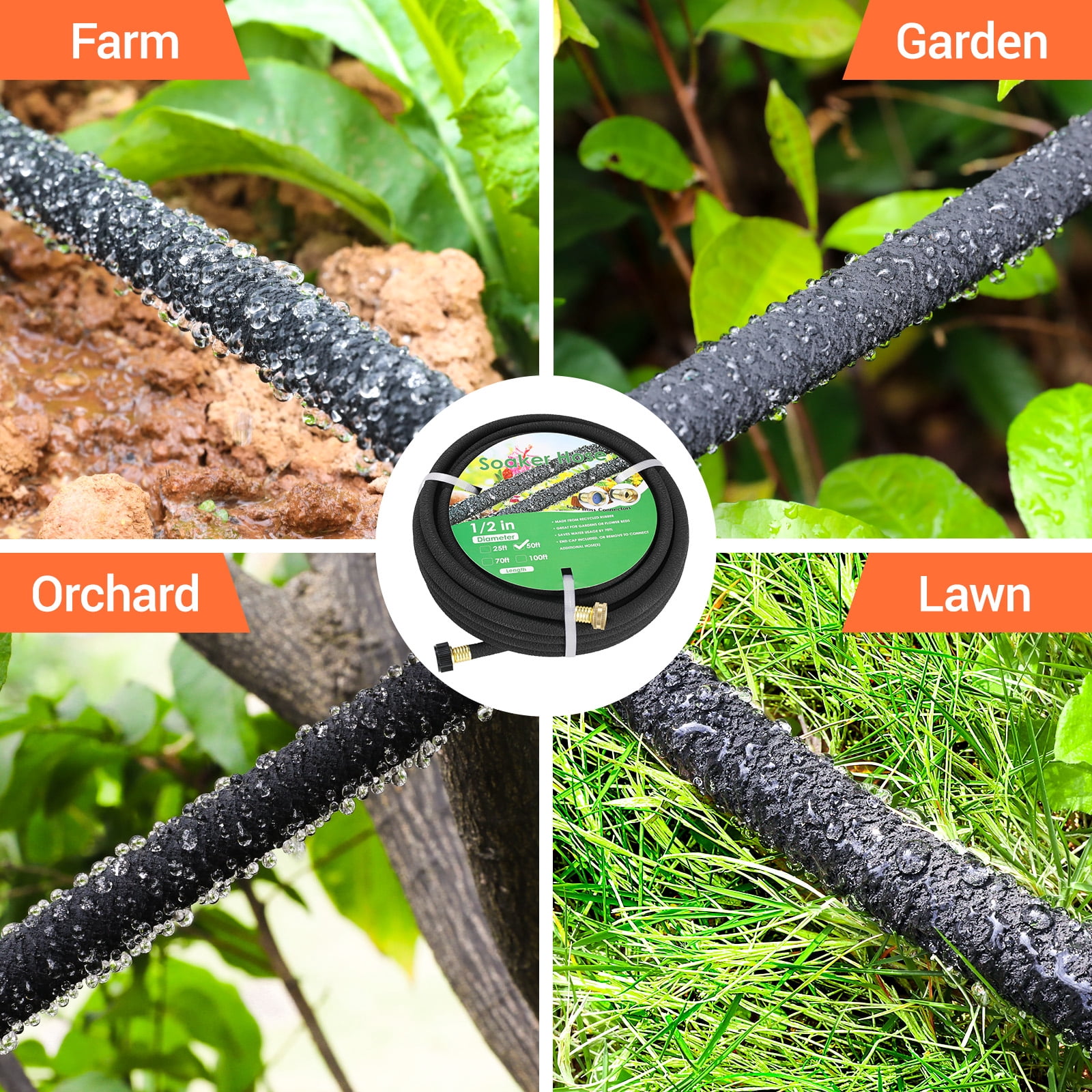 TLGREEN Soaker Hose 50 ft 1/2", Solid Brass Connectors, Heavy Duty Drip Hose to Save 70% Water, for Garden, Lawn and Yard