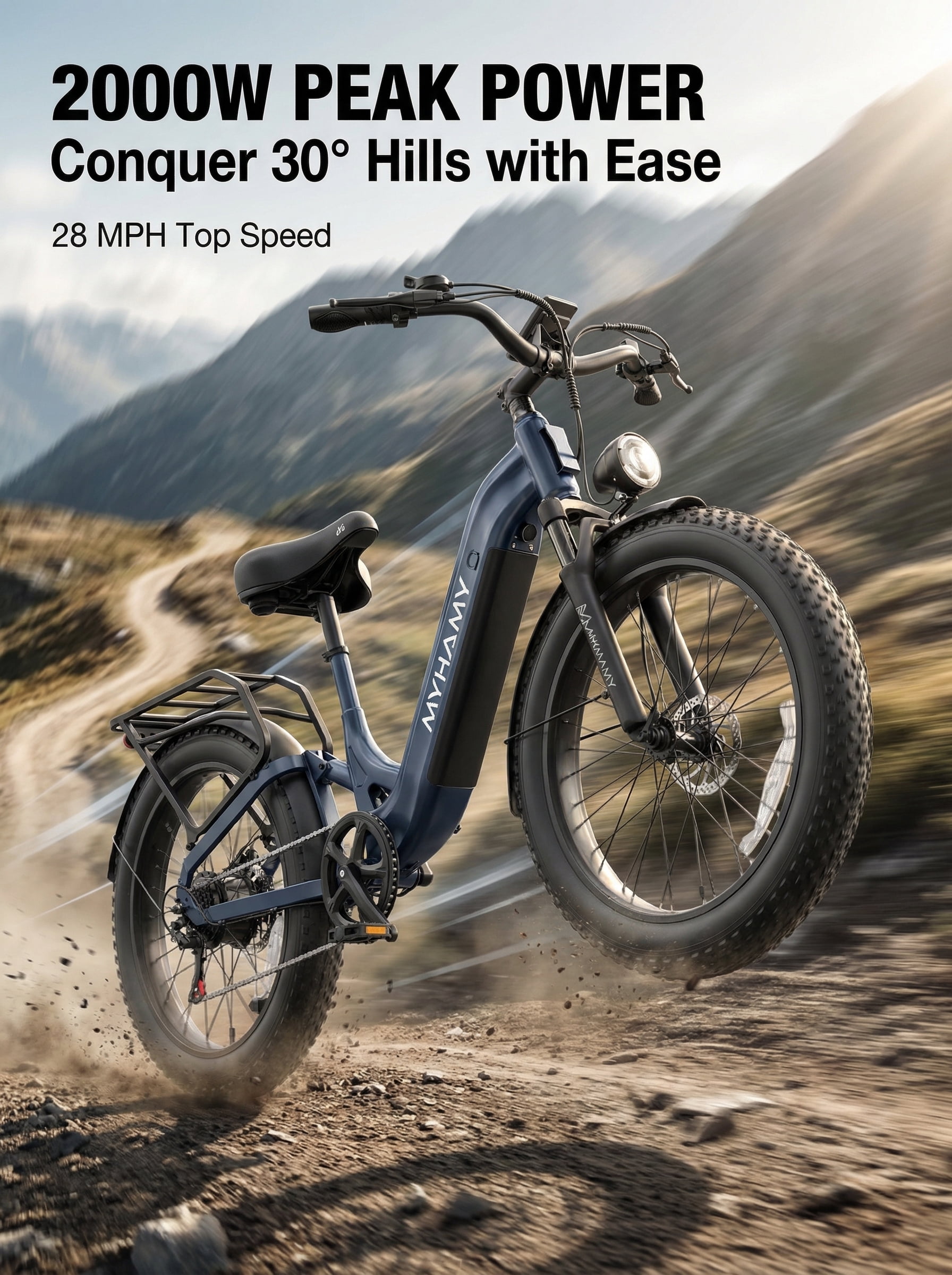 2000W Peak Electric Fat Tire Bike for Adults, 28MPH Ebike, 48V 18Ah Battery, 80 Miles Max Range, 24"x3.0" All-Terrain E-Bike for Snow/Sand/Off-Road, Full Suspension, 7-Speed, 11" Extra-Wide Seat