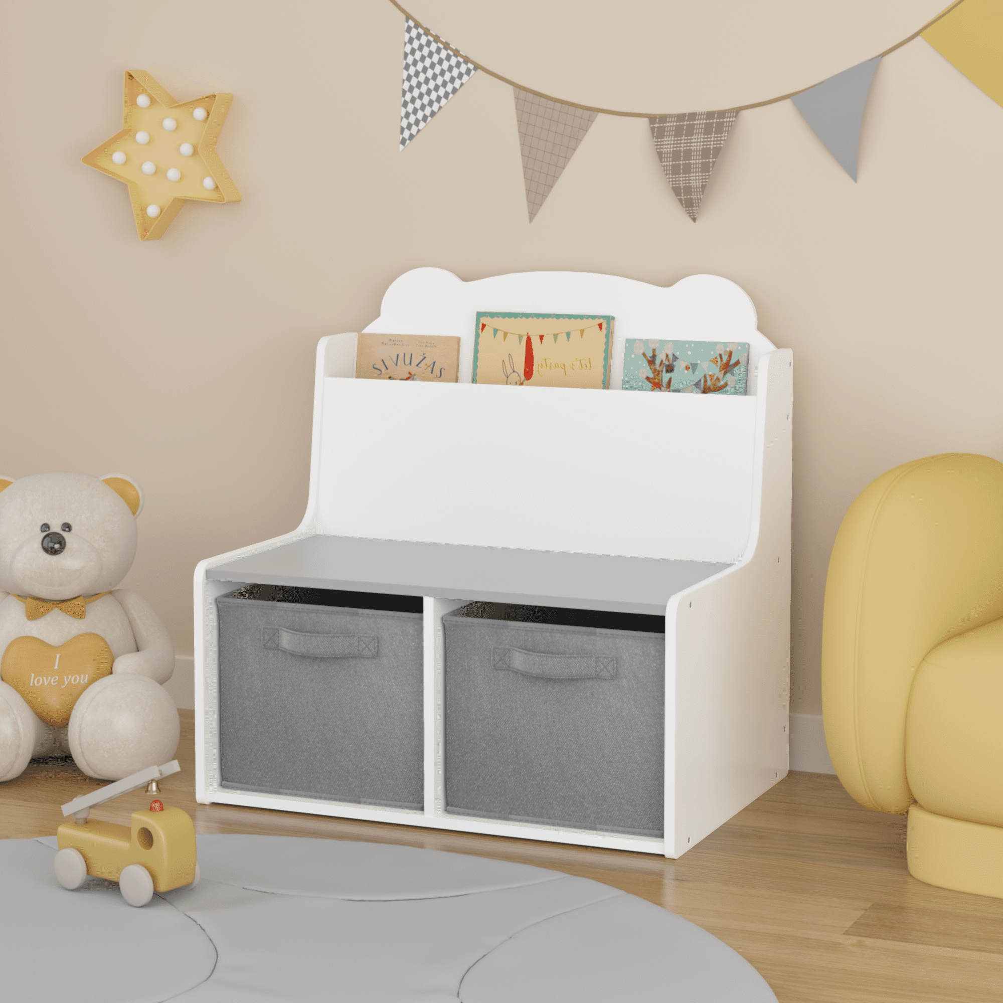 Kids Furniture Kids Bookshelf with Storage Bins – Wooden Bookcase with Book Display Shelf and 2 Fabric Bins, Cute Bear-Shaped Backboard, Toy Organizer for Toddlers and Children, White and Gray,Baby F