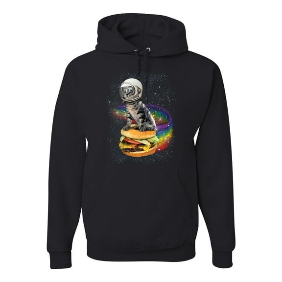 Funny Graphic Astronaut Cat in Space on Cheeseburger | Mens Cat Lover Hooded Sweatshirt Graphic Hoodie, Black, Small