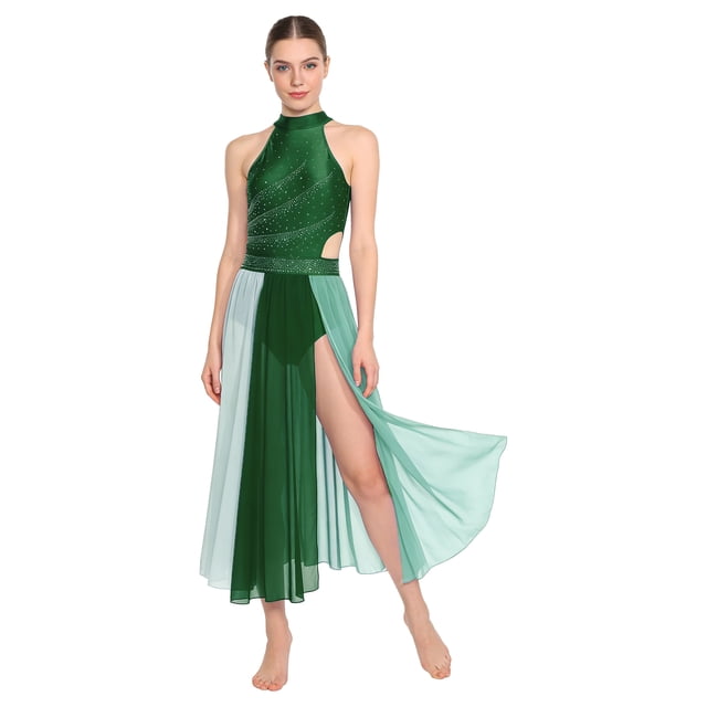 TTAO Robe de Danse Lyrique pour Femmes Robe Lyrique à Blocs de Couleur Jupe en Tulle Fluide Tenue de Danse Contemporaine Vert TG