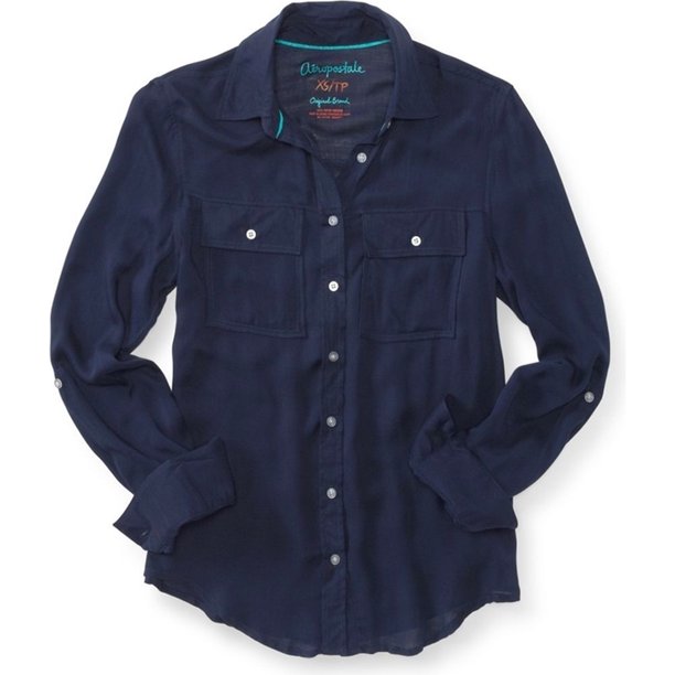 Aeropostale Camisa con botones de rayón transparente de color sólido para mujer, azul, grande Aeropostale Camisa con botones