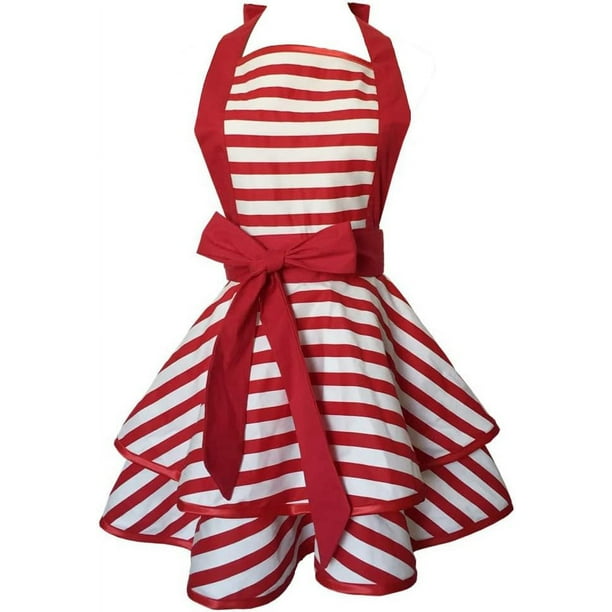 Preciosos delantales retro de algodón hechos a mano para mujeres y niñas, delantal de cocina para repostería, regalo para mamá (rojo)