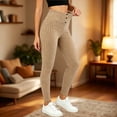 thumbnail image 2 of BVnarty Women's High Rise Full Length Textured Skinny Leggings Triple Button Wide Waistband Slim Fit for Pilates Class Khaki M, 2 of 5