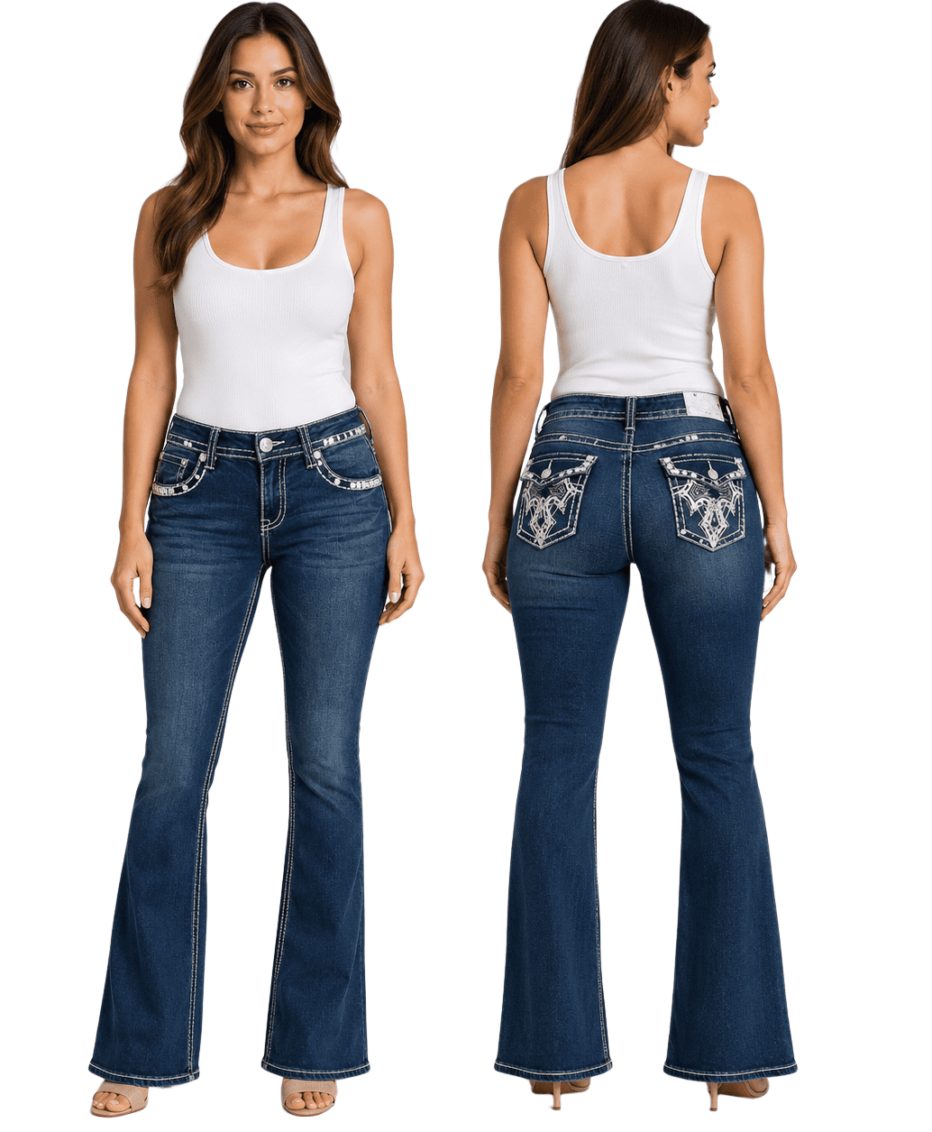 Jack David Rhinestone Studs Dark Wash Denim Flap Pocket Bootcut