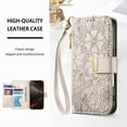 thumbnail image 6 of Compatible with Samsung Galaxy A26 5G Wallet Phone Case,With Shoulder Strap&Wrist Strap,Zipper Pocket,Card Slots,Flip Folio Kickstand,Flower&Leaf Emboss PU Leather Shockproof Phone Case,Beige, 6 of 11