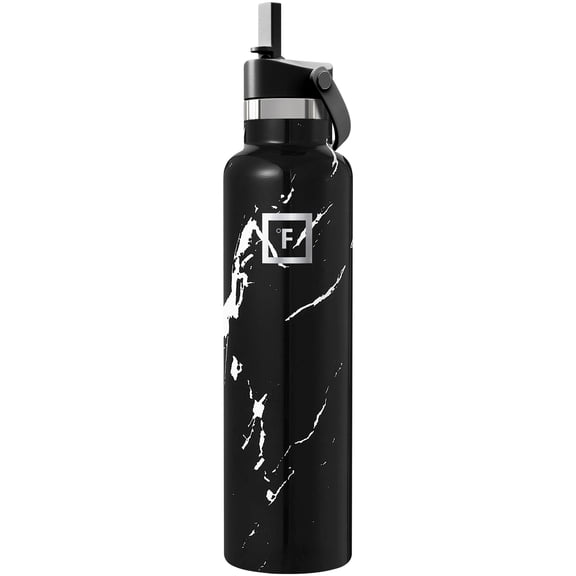 Iron Flask 24 oz Black Marquina Stainless Steel Water Bottle with Handle Straw Lid