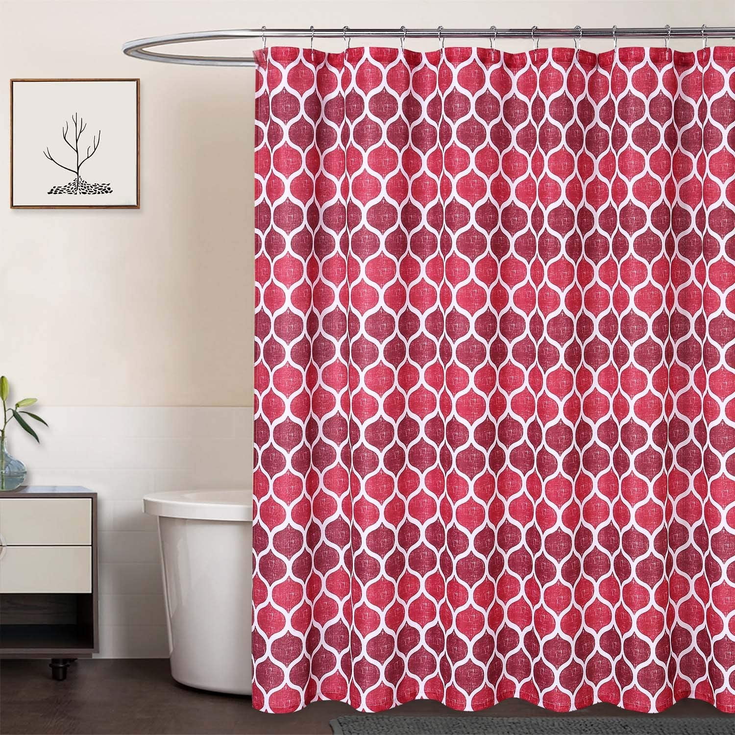 CAROMIO Red Fabric Shower Curtain, Moroccan Geometric Ogee Patterned