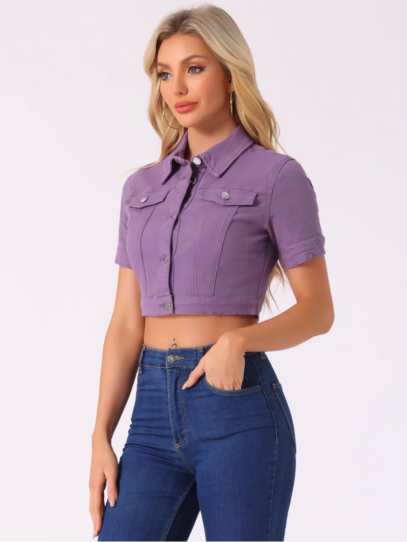 DARING DIVA Women's Short Sleeves Crop Button Down Denim Jacket M