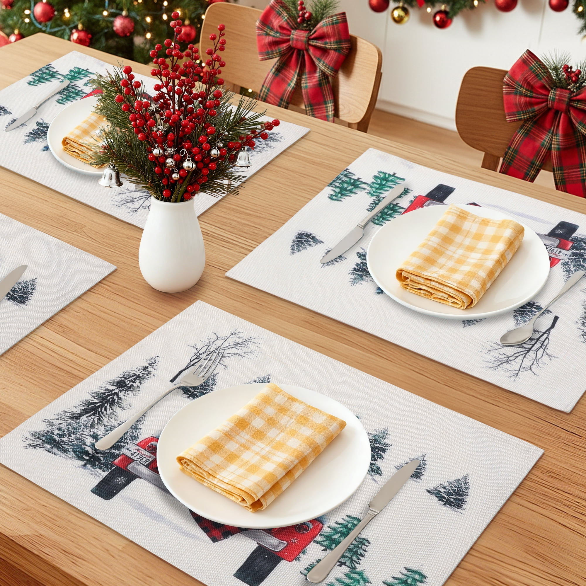 Unique Bargains Set of 6 Washable Linen Placemats Kitchen Table Mat Christmas Tree