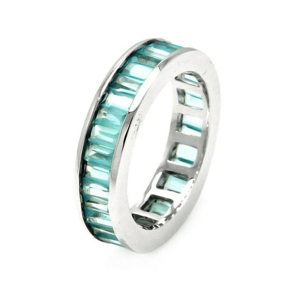Channel Set Simulated Aquamarine Baguette Cubic Zirconia Eternity Ring Sterling Silver Size 9