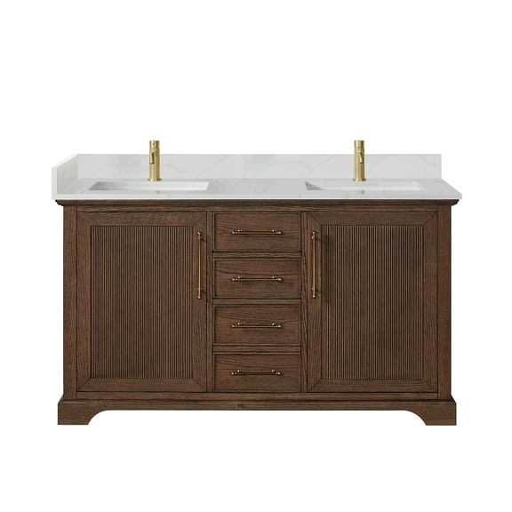 Tokyo 60" Double Bath Vanity in Aged Dark Brown Oak with Silk White Quartz Stone