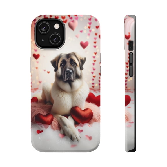 DistinctInk Tough Case for Apple iPhone 15 PLUS (6.7" Screen), Compatible with MagSafe Charging - Valentine's Day Anatolian Shepherd Dog