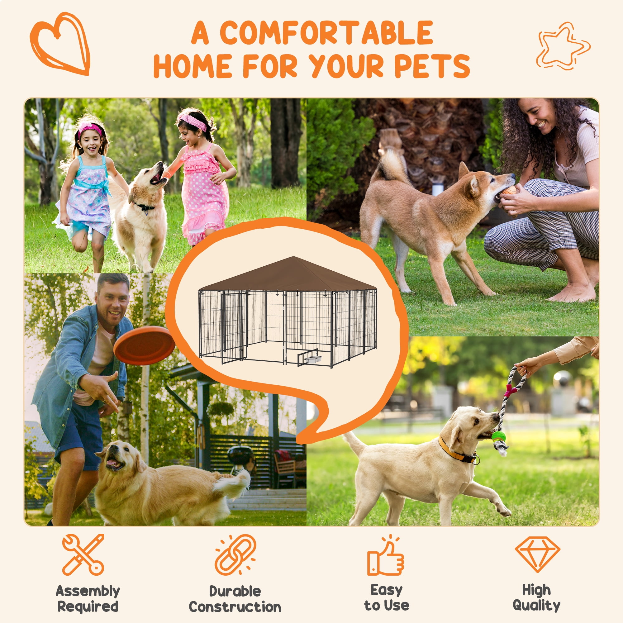 Outside Dog Kennel, Puppy Play Pen with Canopy, Garden Playpen Fence Crate Enclosure Cage Rotating Bowl, Coffee 6.9' x 6.9' x 5'