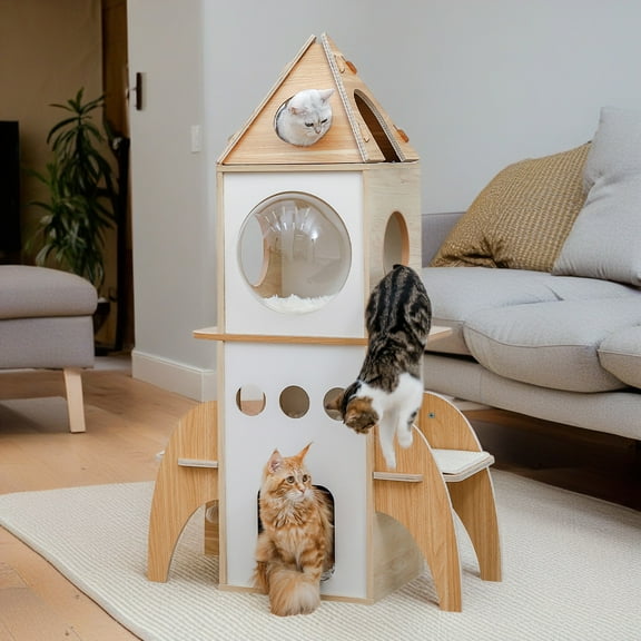 Demi Bonn 54" Modern Cat Tree Tower Rocket Shape, Multilevel Cat Condo for Large Cats, Cat Tower for Big and Fat Spacious, Beige